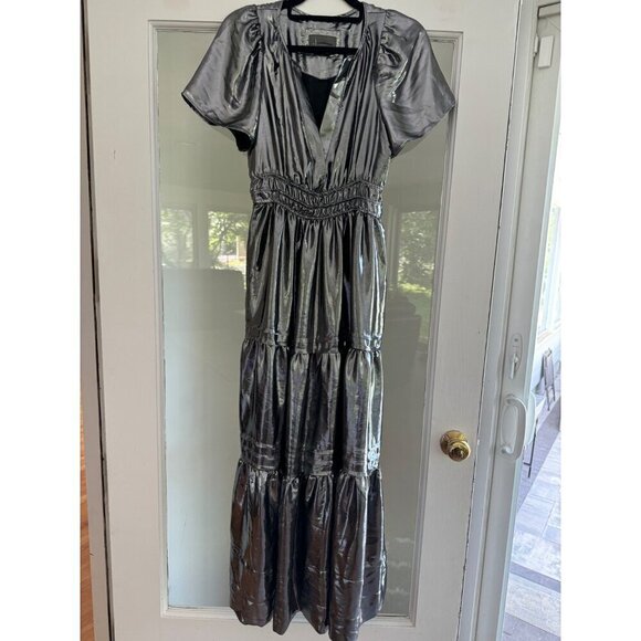 Anthropologie The Somerset Maxi Tiered Dress Metallic Shine Silver Grey Size XS - Picture 4 of 7
